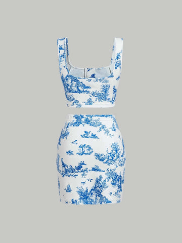 MOD Figure and Plants Print Lace Up Tank Top & Bodycon Skirt