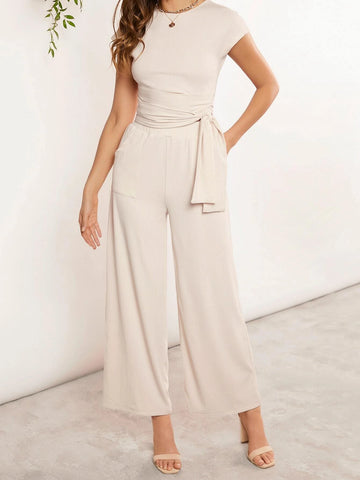 EMERY ROSE Solid Tee & Tie Front Wide Leg Pants