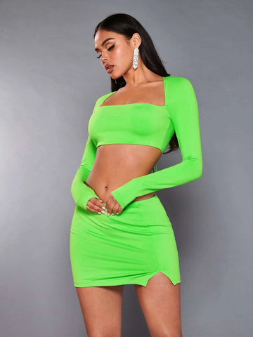 Square Neck Crop Top & Split Hem Skirt
