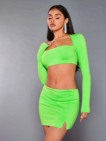 Square Neck Crop Top & Split Hem Skirt
