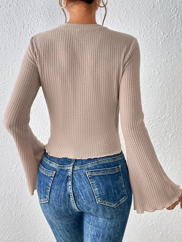 Frenchy Lettuce Trim Trumpet Sleeve Ribbed Knit Tee