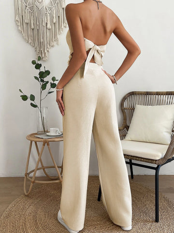 Tassel Hem Tie Back Tube Top & Wide Leg Pants