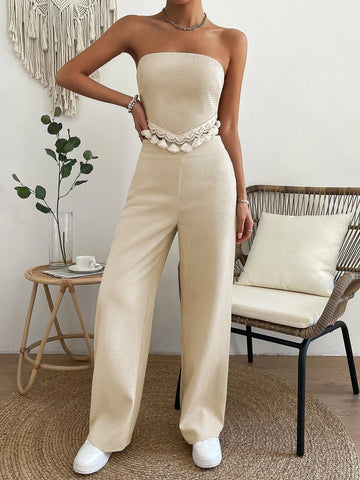 Tassel Hem Tie Back Tube Top & Wide Leg Pants