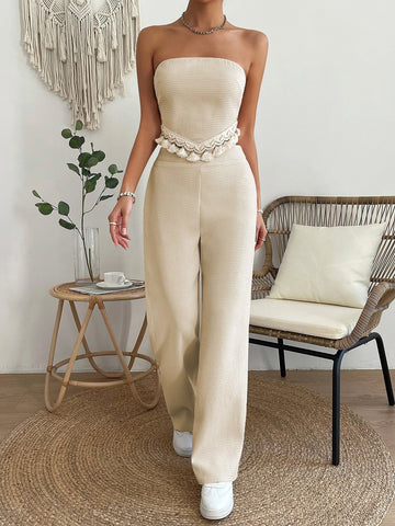 Tassel Hem Tie Back Tube Top & Wide Leg Pants