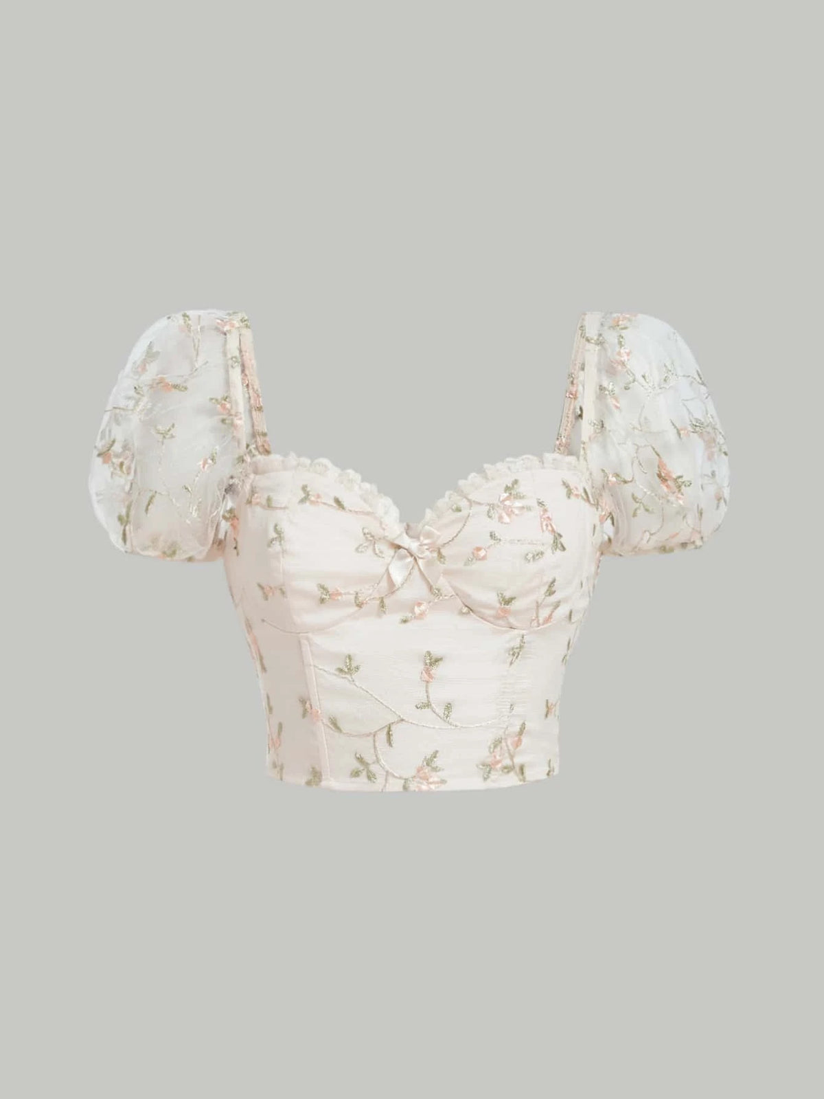 MOD Floral Embroidery Puff Sleeve Sweetheart Neck Blouse