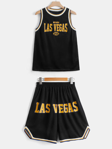 EZwear Letter Graphic Contrast Trim Tank Top & Shorts