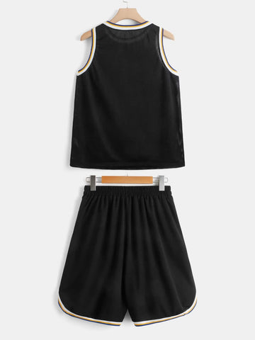 EZwear Letter Graphic Contrast Trim Tank Top & Shorts