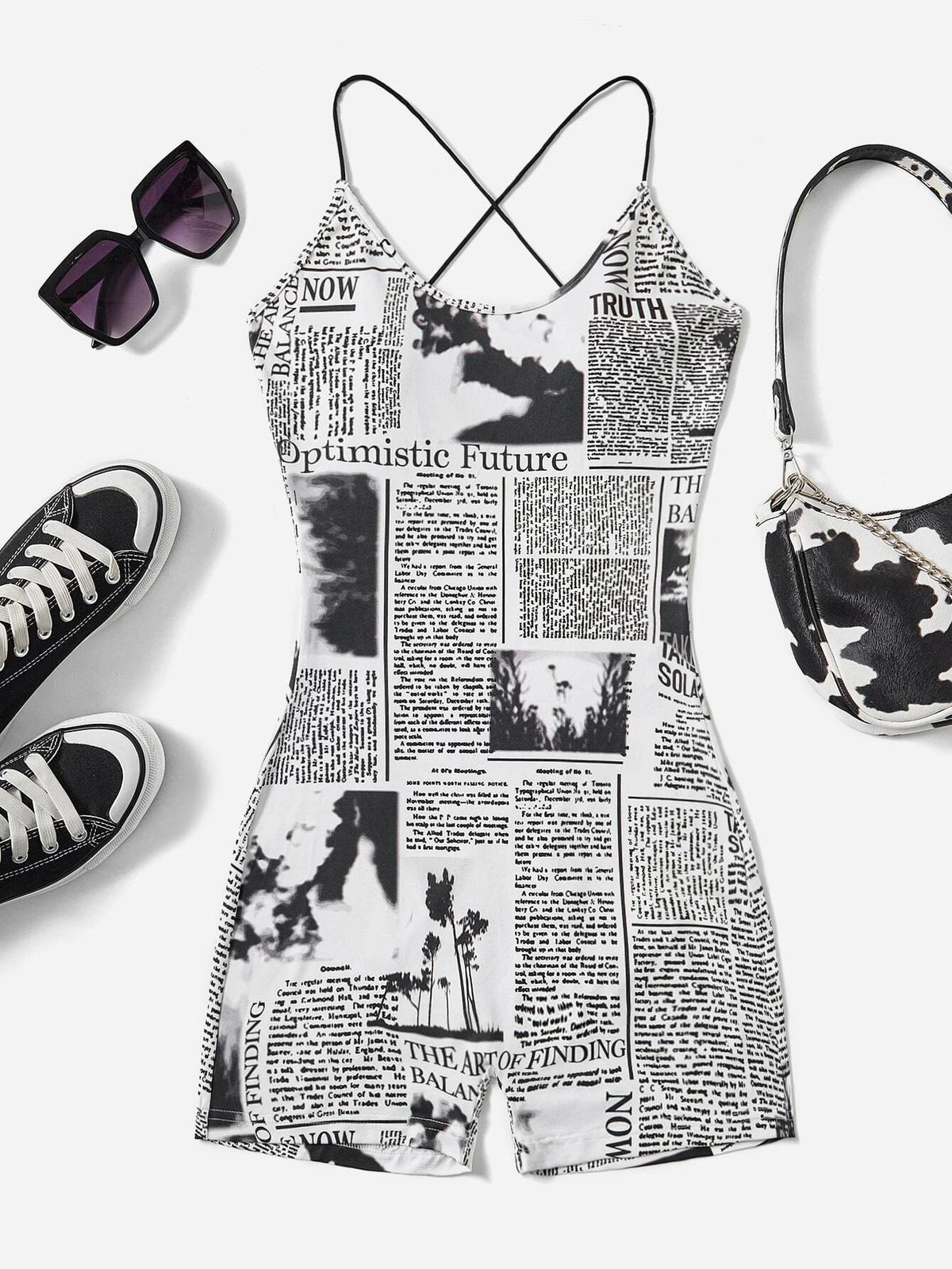 Newspaper Print Criss Cross Backless Unitard Romper