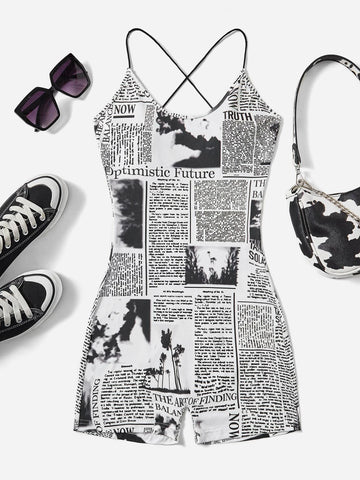 Newspaper Print Criss Cross Backless Unitard Romper