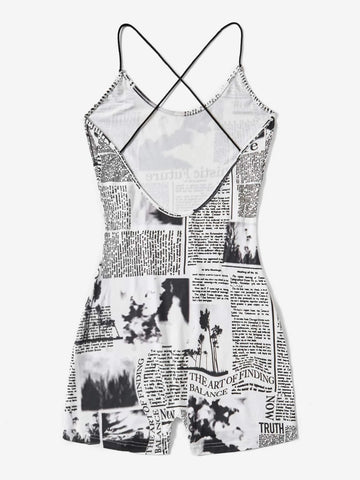 Newspaper Print Criss Cross Backless Unitard Romper