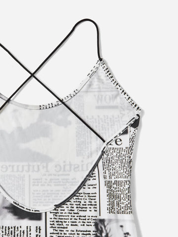 Newspaper Print Criss Cross Backless Unitard Romper