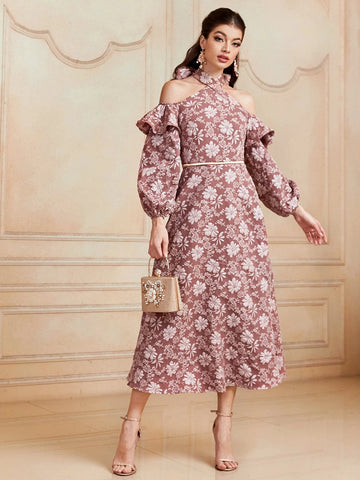 1pc Floral Print Cold Shoulder Ruffle Trim Dress