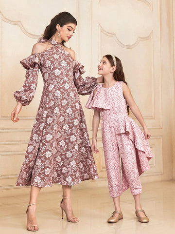 1pc Floral Print Cold Shoulder Ruffle Trim Dress