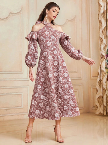 1pc Floral Print Cold Shoulder Ruffle Trim Dress