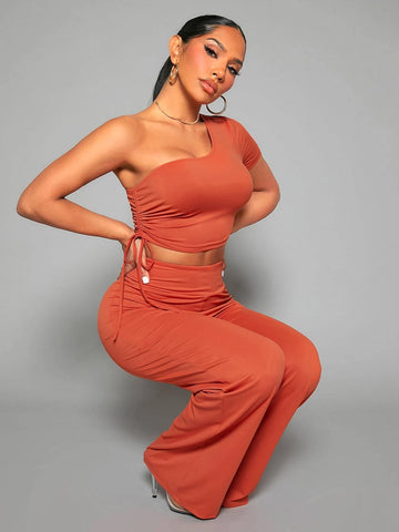 SXY One Shoulder Drawstring Side Crop Top & Wide Leg Pants