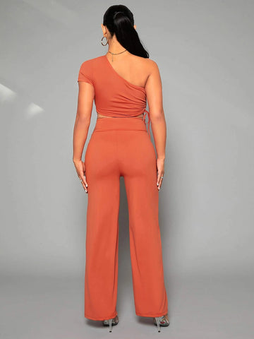 SXY One Shoulder Drawstring Side Crop Top & Wide Leg Pants