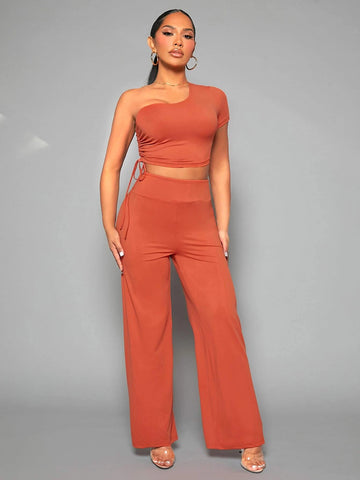 SXY One Shoulder Drawstring Side Crop Top & Wide Leg Pants
