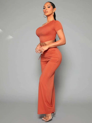 SXY One Shoulder Drawstring Side Crop Top & Wide Leg Pants