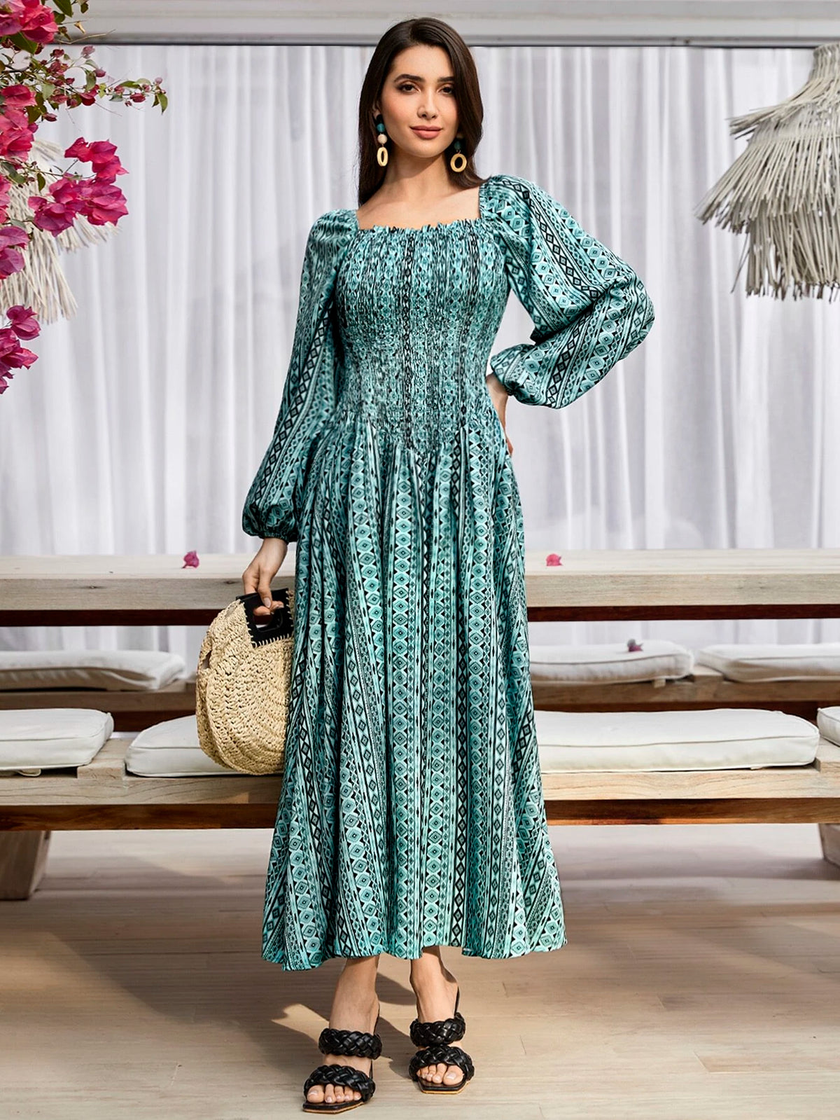 Modely Allover Print Square Neck Lantern Sleeve Dress