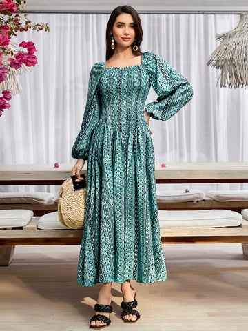 Modely Allover Print Square Neck Lantern Sleeve Dress