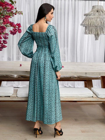 Modely Allover Print Square Neck Lantern Sleeve Dress