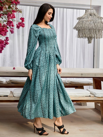Modely Allover Print Square Neck Lantern Sleeve Dress