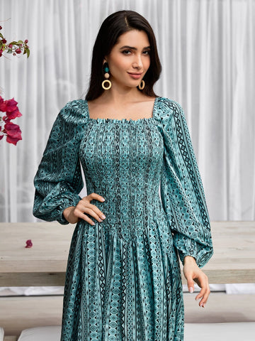 Modely Allover Print Square Neck Lantern Sleeve Dress