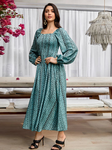 Modely Allover Print Square Neck Lantern Sleeve Dress