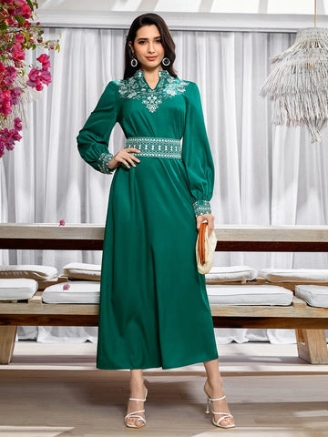 Modely Floral Print Notched Neckline Lantern Sleeve Dress