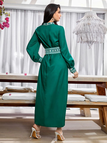 Modely Floral Print Notched Neckline Lantern Sleeve Dress