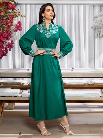 Modely Floral Print Notched Neckline Lantern Sleeve Dress