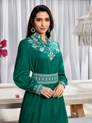 Modely Floral Print Notched Neckline Lantern Sleeve Dress