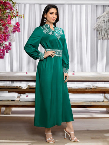 Modely Floral Print Notched Neckline Lantern Sleeve Dress