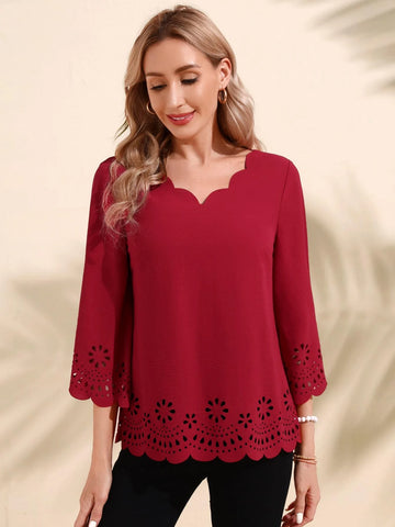 EMERY ROSE Laser Cut Scallop Trim Blouse