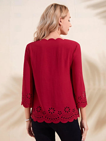 EMERY ROSE Laser Cut Scallop Trim Blouse