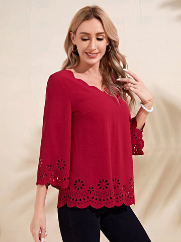EMERY ROSE Laser Cut Scallop Trim Blouse