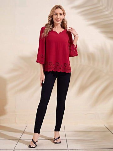 EMERY ROSE Laser Cut Scallop Trim Blouse
