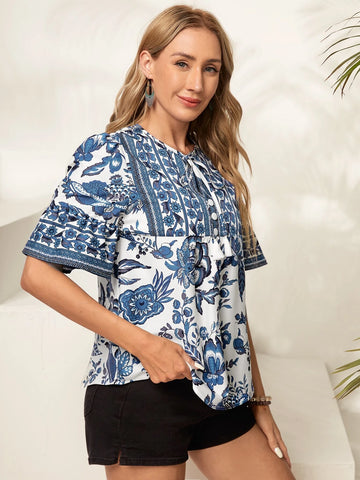 EMERY ROSE Floral Print Tie Neck Flounce Sleeve Blouse