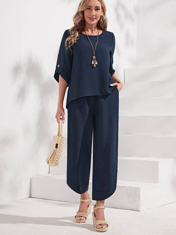 Roll Tab Sleeve Top & Wide Leg Pants