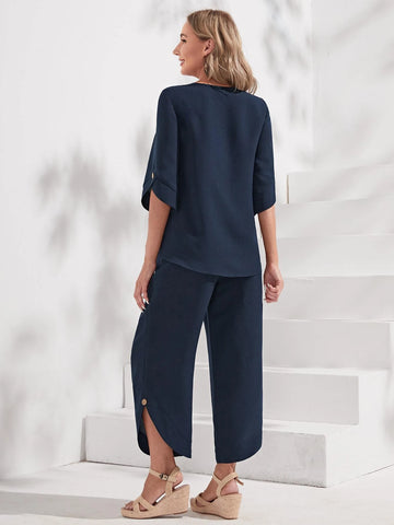 Roll Tab Sleeve Top & Wide Leg Pants