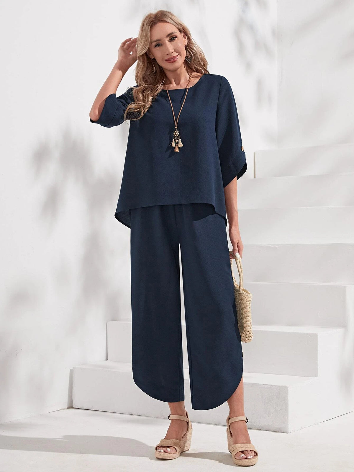 Roll Tab Sleeve Top & Wide Leg Pants
