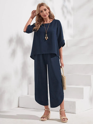 Roll Tab Sleeve Top & Wide Leg Pants