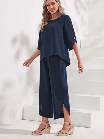 Roll Tab Sleeve Top & Wide Leg Pants