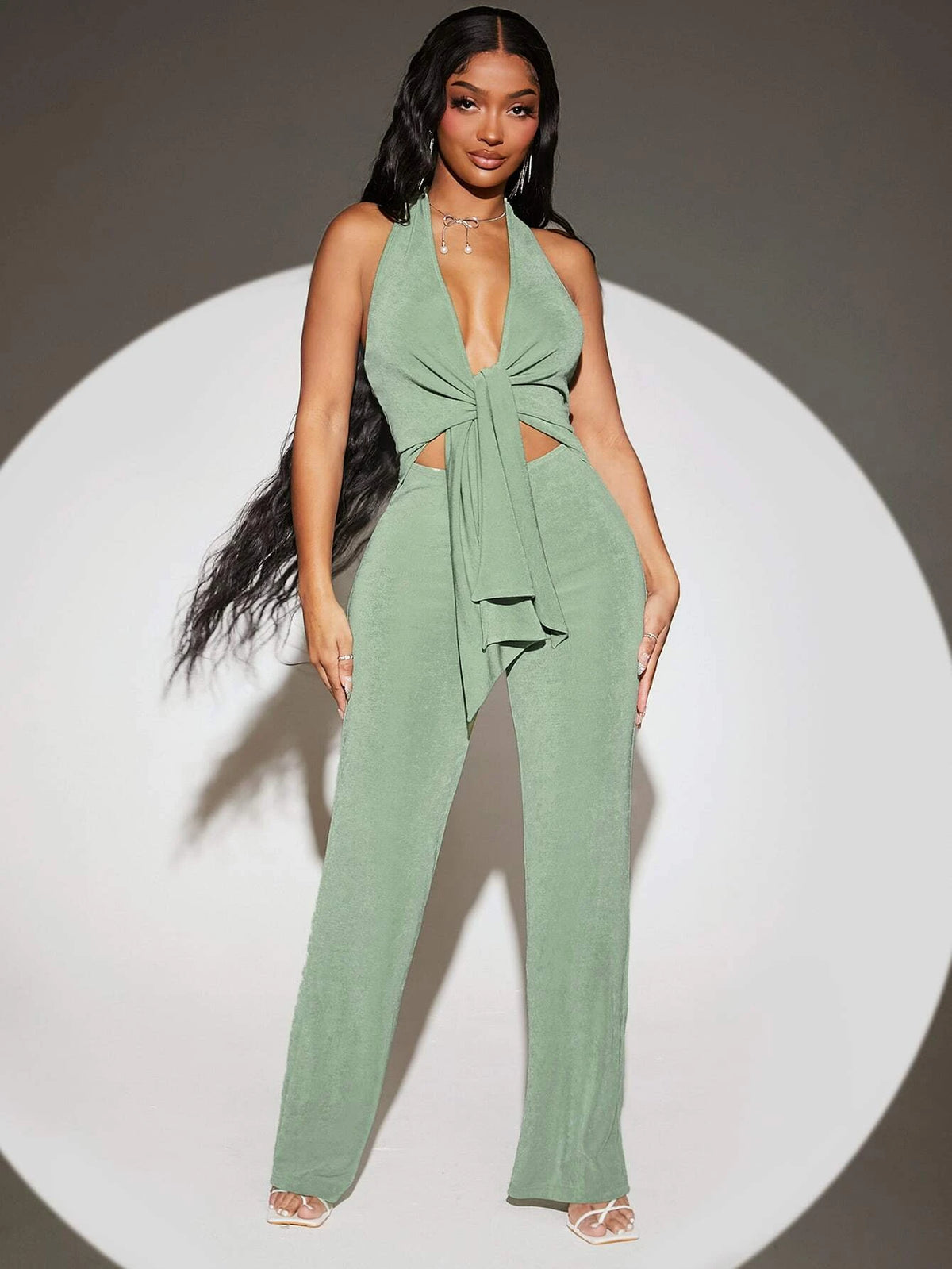 SXY Tie Front Backless Halter Neck Jumpsuit