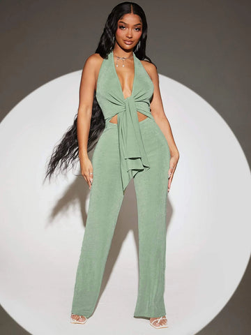 SXY Tie Front Backless Halter Neck Jumpsuit