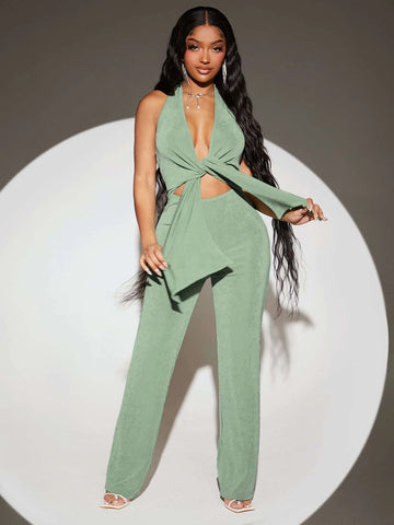 SXY Tie Front Backless Halter Neck Jumpsuit