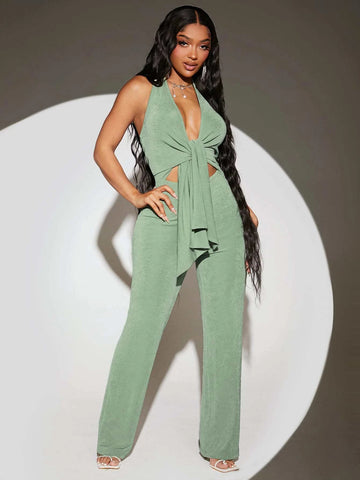 SXY Tie Front Backless Halter Neck Jumpsuit