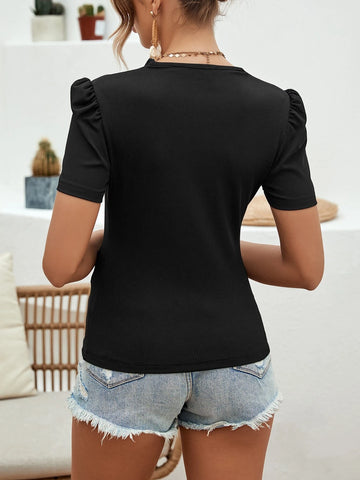 Scallop Trim Square Neck Puff Sleeve Tee