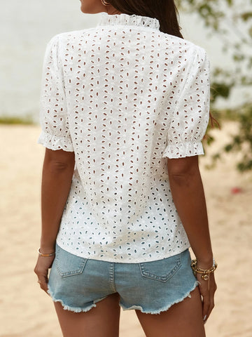 Eyelet Embroidery Frill Trim Puff Sleeve Schiffy Blouse