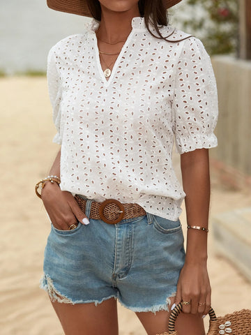 Eyelet Embroidery Frill Trim Puff Sleeve Schiffy Blouse